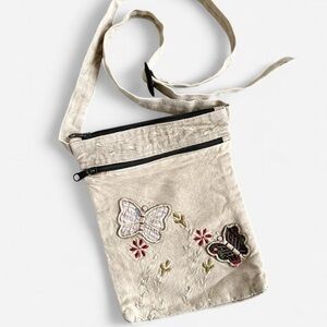 Flying High Small Tan Gray Dyed Tones Embroidered Butterfly Crossbody Bag Purse
